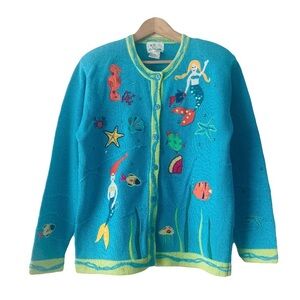 Vintage Quacker Factory Embroidered Mermaid Cardigan Women’s M Blue Cottagecore